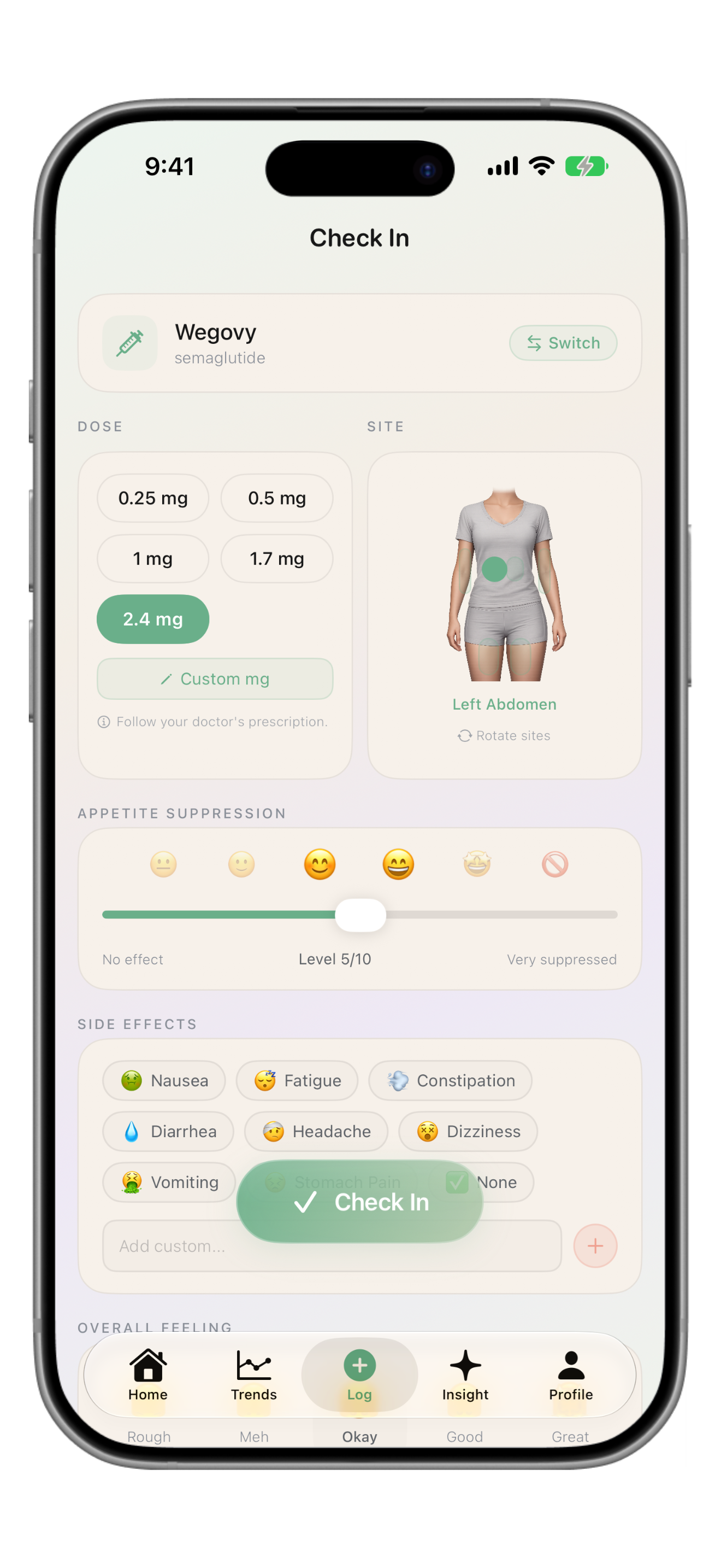 Grack daily check-in with mood, appetite, and side-effect controls
